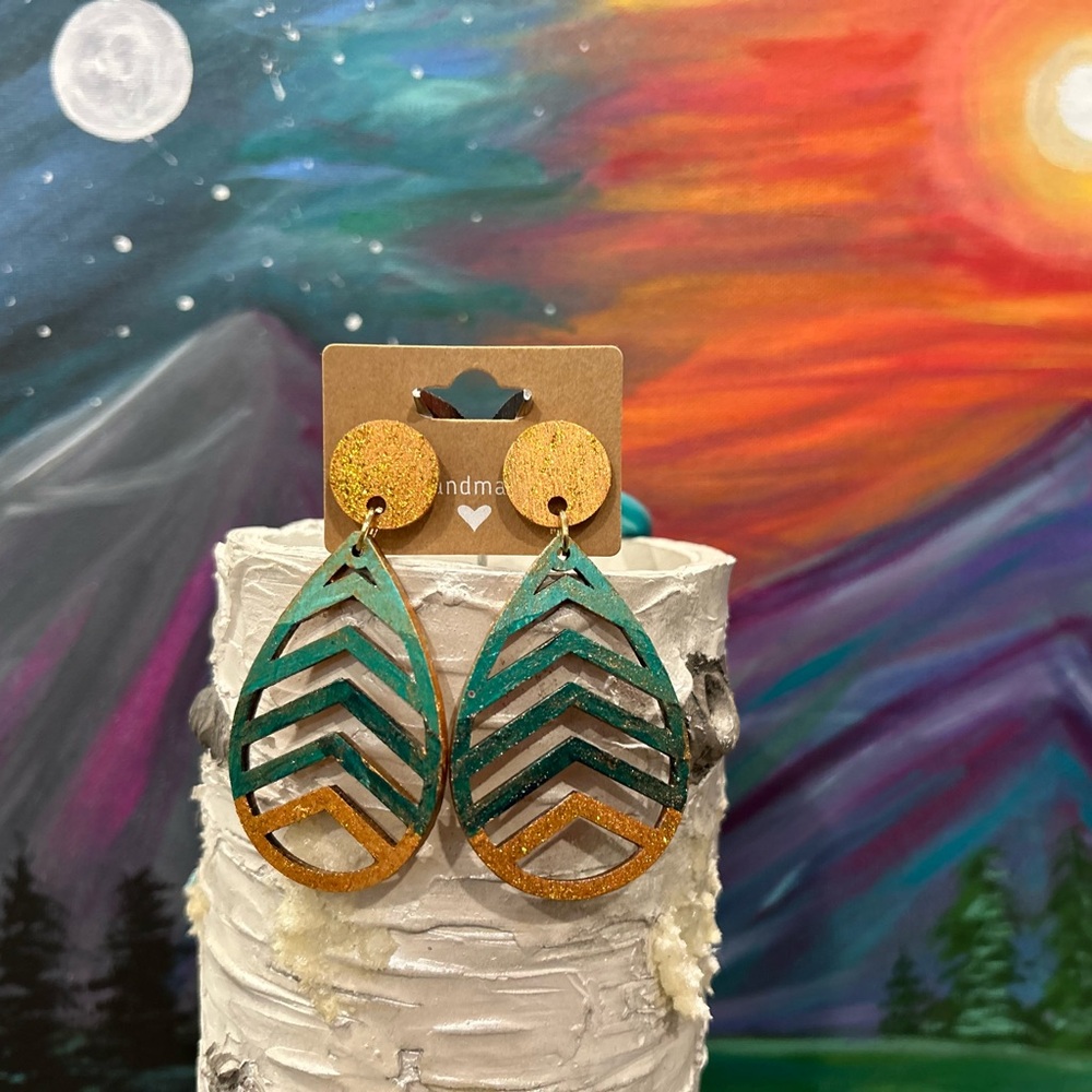 Teal and Gold Leaf Earrings